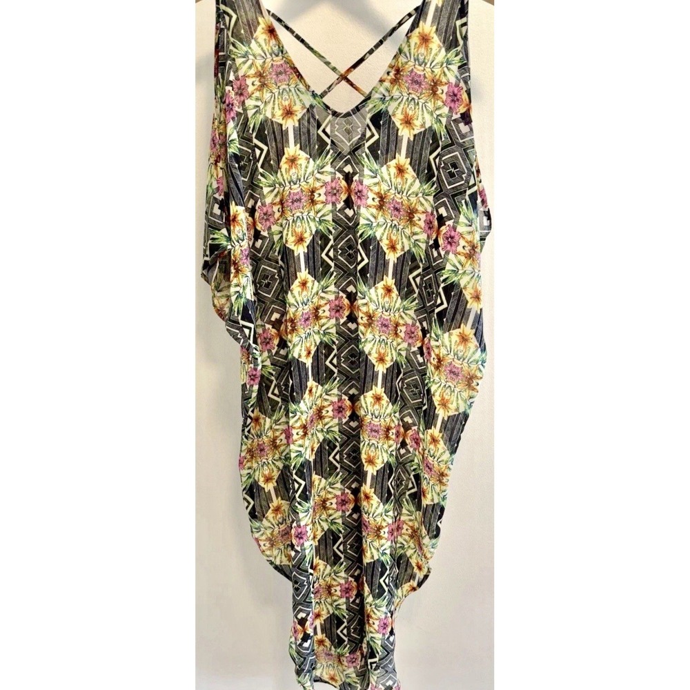 ASTR Sheer Caftan Swim Cover Up Womens Small Boho Tropical Floral Beach Kimono